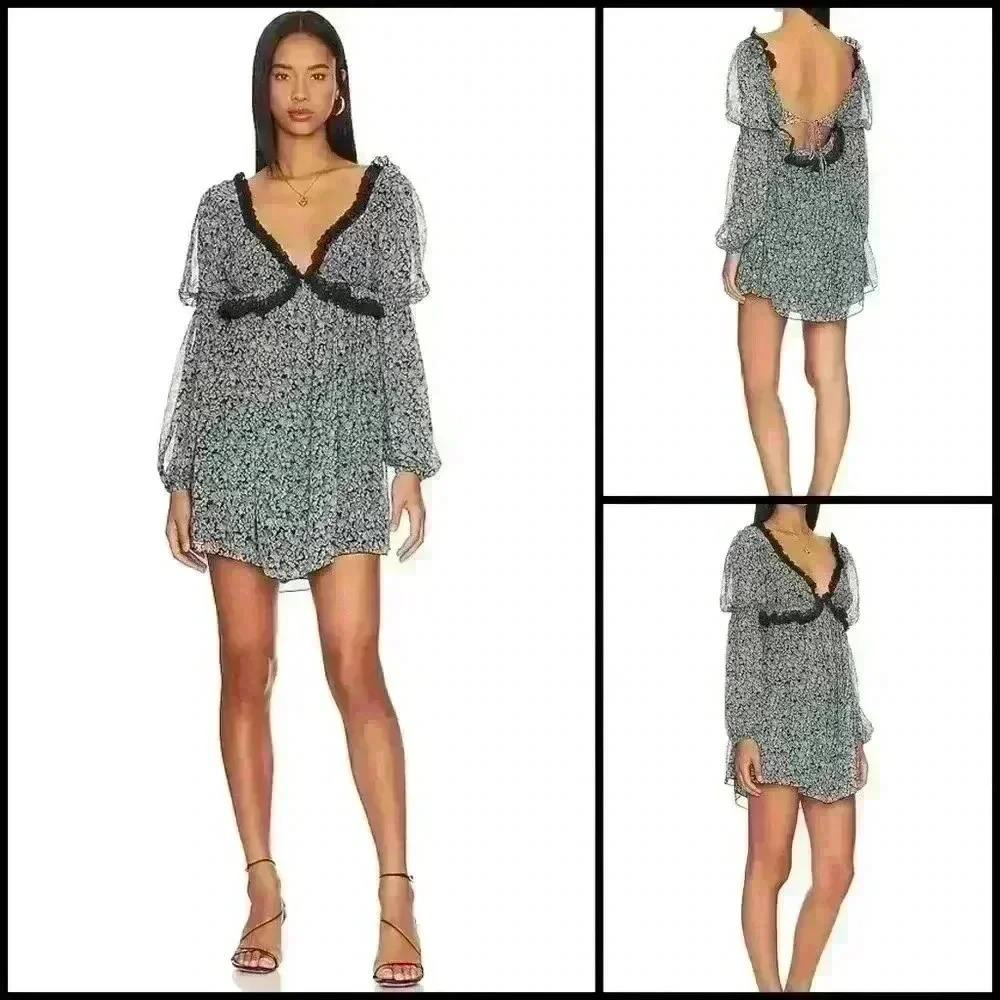 Free People Pennie Floral Lace Neckline Cottagecore Mini Dress Size S